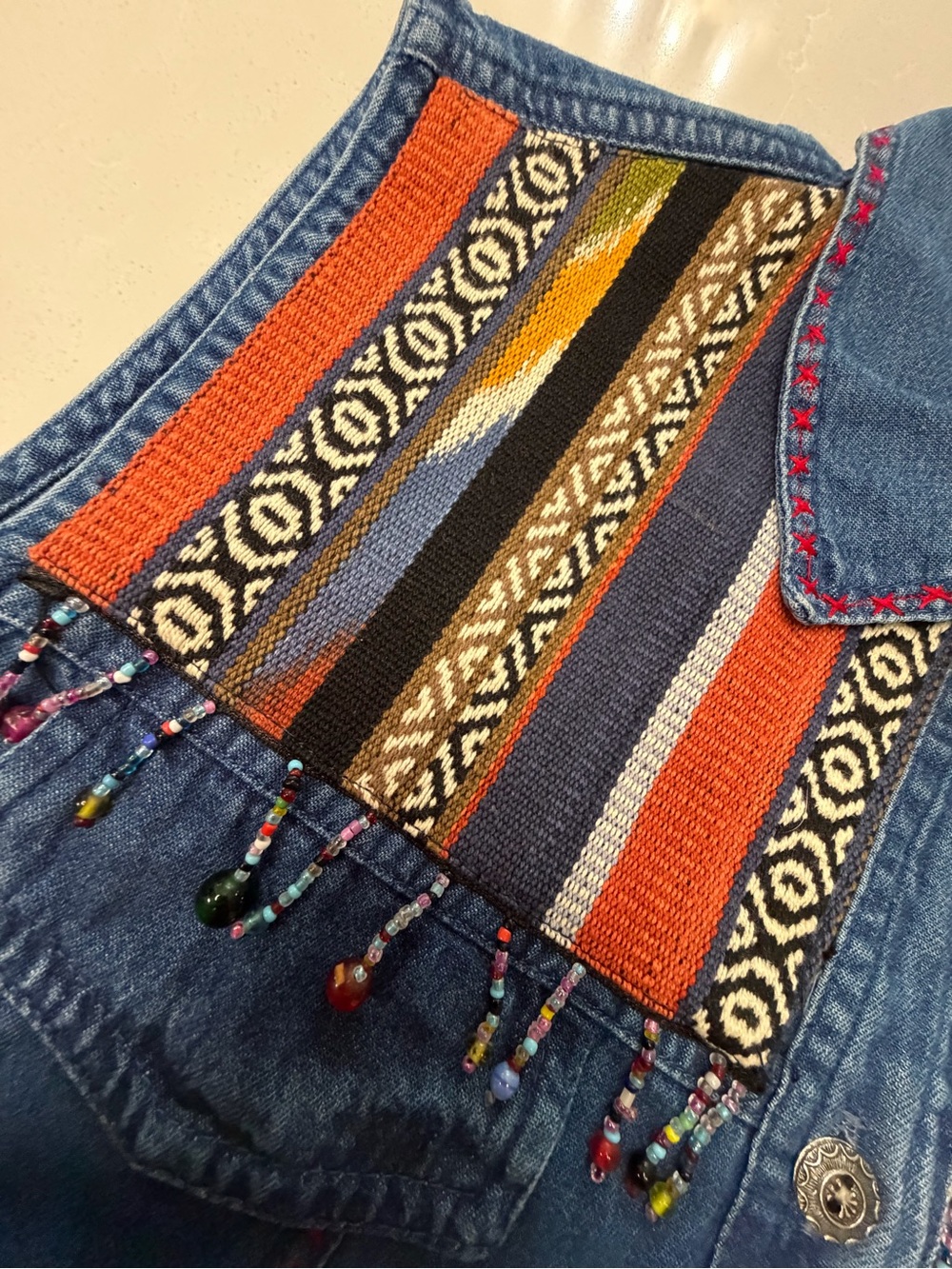 Vintage Southwestern Tantrum Blues Denim Beaded Vest w/ Multicolor Aztec Yoke PL - Picture 16 of 16